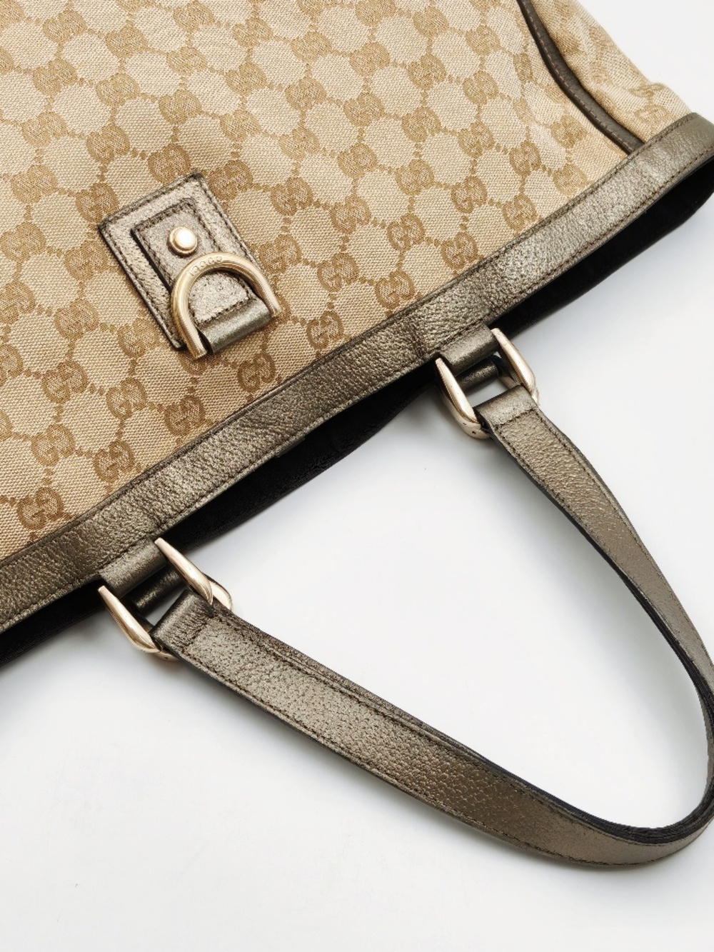 Gucci Abbey D-Ring GG Monogram Canvas Tote Bag Metallic Brown Leather Trim - Picture 4 of 14